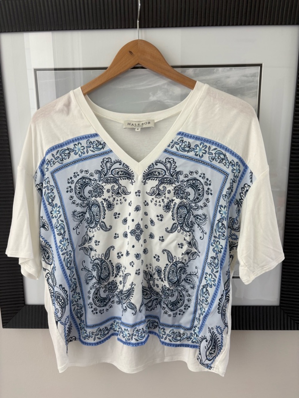 Hale Bob Silk Blend Paisley Bandana Top Blue White V Neck Medium NWOT